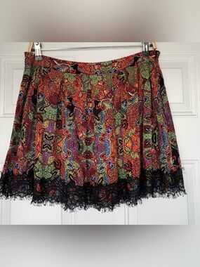 Olsenboye Multicolor Patterned Mini Skirt with Black Lace Hem